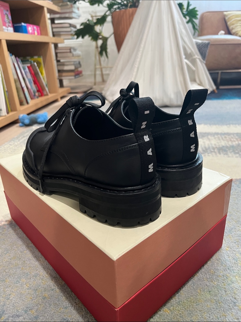 Marni Black Leather Lug-Sole Derbies with Branded Heel Tabs